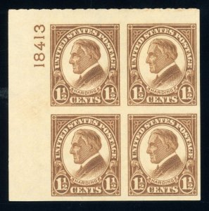 US Stamp #631 Harding 1-1/2c - Plate Block of 4 - IMPERF - MLH - CV $55.00