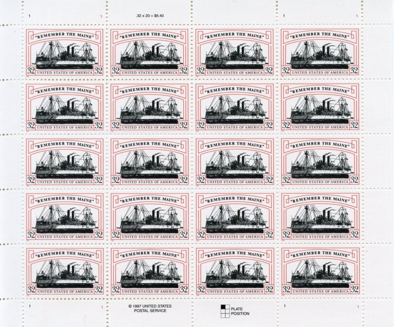 UNITED STATES SCOTT #3192 REMEMBER THE MAINE COMPLETE SHEET(20) MINT NH