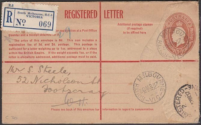 AUSTRALIA 1937 GV 5d registered envelope used SOUTH MEBOURNE to Footscray...P300