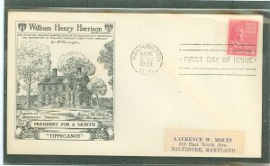 US 814 1938 9c William Henry Harrison (part of the presidential - prexy definitive series) on an addressed (label) first day cov