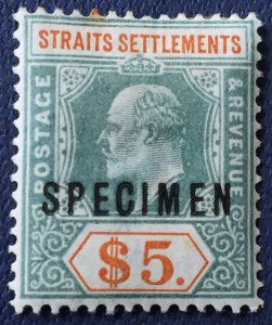 Malaya 1902 SPECIMEN opt Straits Settlements KEVII $5 MH Crown CA SG#121s M2474