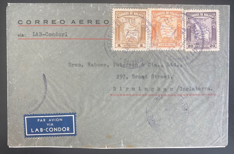 1936 Contros Bolivia Airmail Cover To Birmingham England Via Condor