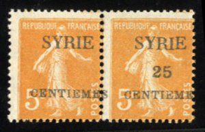 Syria #122a Cat$24, 1924 25c on 5c orange, horizontal pair, left stamp with ...