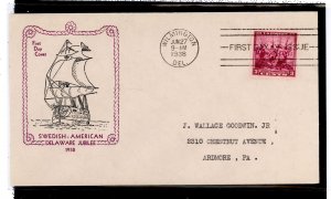 US 836 1938 3c Swedish-Finnish Delaware Tercentenary on an addressed(typed) FDC with a Holland cachet