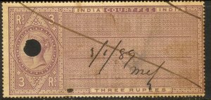 INDIA 1882 QV 3R COURT FEE Revenue BFT. 193 Punch Hole Cancel Used