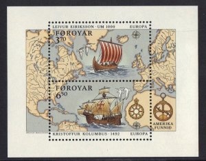 Faroe Islands #238  MNH 1992  sheet Europa . Columbus .  Viking ship