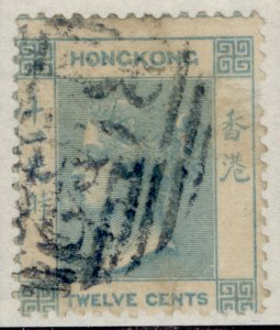 HONG KONG QV SG3, 12c pale greenish blue, USED. Cat £65. NO WMK