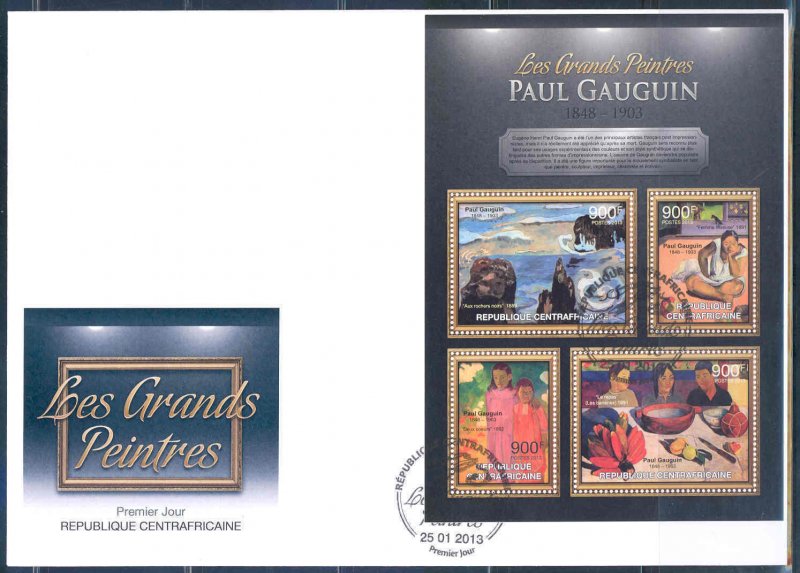 CENTRAL AFRICAN REPUBLIC 2012 PAUL GAUGIN SHEET OF 4 FDC