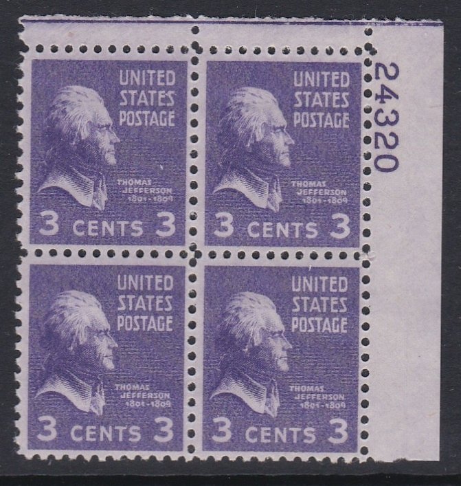 807 Thomas Jefferson Plate Block MNH