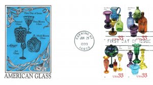 US FIRST DAY COVERS AMERICAN GLASS BLOCK OF 4 & 2 EXTRA CACHET COVERS HF&AM 1999