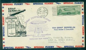 US 1933, Century of Progress Flight cover w/50¢ Zepp (C18) tied Miami, VF