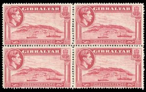 Gibraltar #109 Cat$80 (for hinged), 1938 1 1/2p carmine, block of four, never...