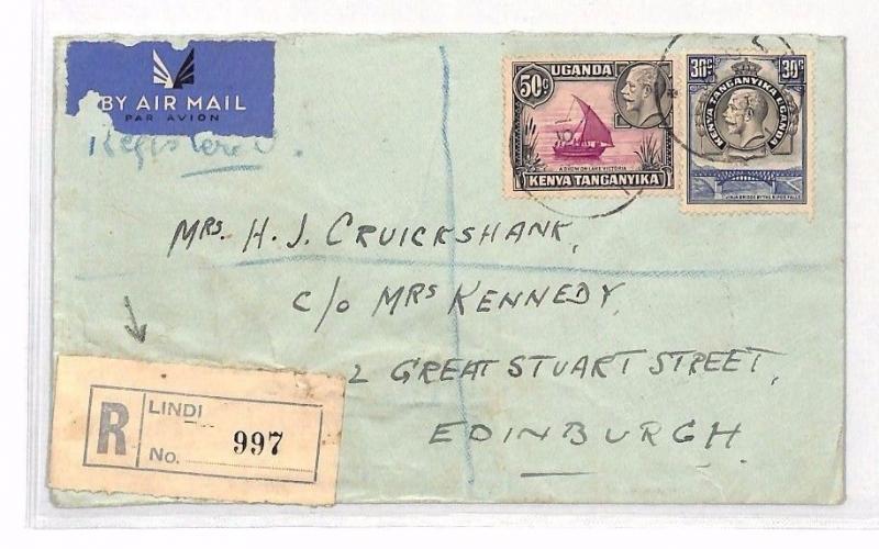 BH178 1930  British KUT TANGANYIKA *Lindi Registered Airmail via Dare-es-Salaam 
