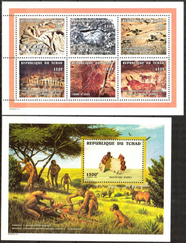 Chad 1998 Fossils Prehistory Men's Drawings sheet + S/S MNH