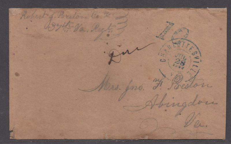 **CSA Cover, Charlottesville, VA, Due 10, 6/28/1862, Turned Cover