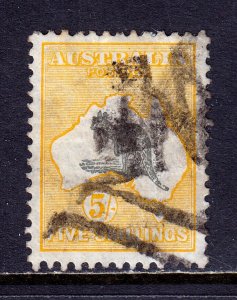 AUSTRALIA — SCOTT 100 (SG 111) — 1929 5/- YELLOW & GRAY ROO — USED — SCV $150