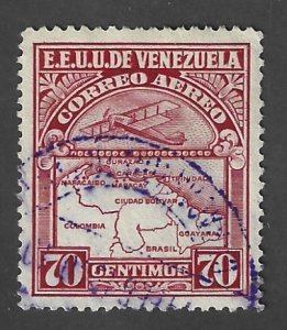 Venezuela Scott #C125 Used 70c Bi-plane & Map air mail stamp 2017 CV $7.75