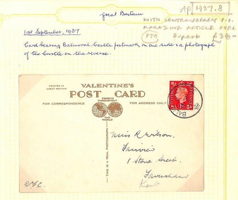 AG160 1937 GB ROYALTY *Balmoral Castle* Crown CDS Postmark RP Postcard Scotland