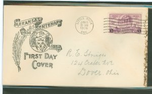 US 782 1936 3c Arkansas Centenary on an addressed first day cover with an unknown cachet.