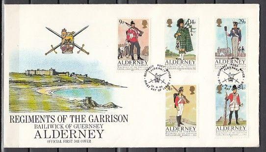 Alderney. Scott cat. 23-27. Military Uniforms issue. First day cover