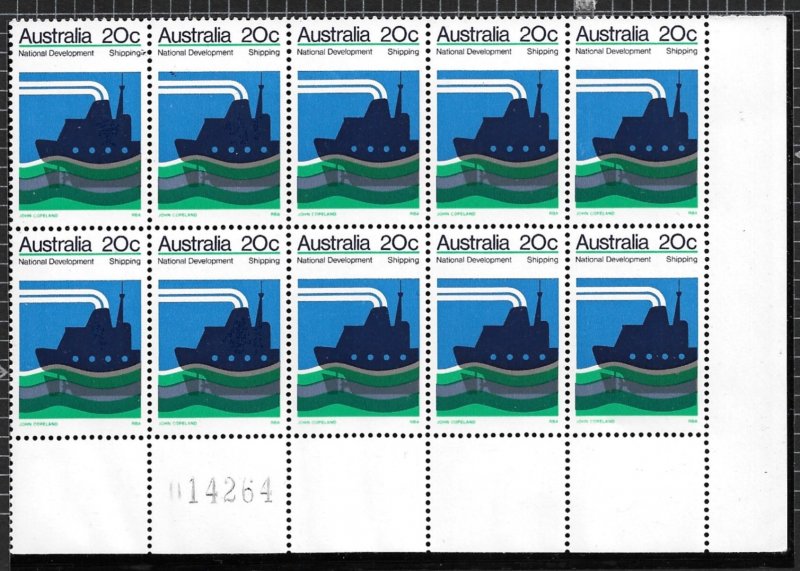 1973 Australia 550 Shipping Industry block of 10 with plate # MNH