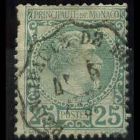 MONACO 1885 - Scott# 6 Prince Charles 25c Used short perf.