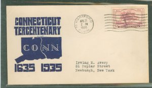 US  1935 3c Connecticut Tercentenary/Charter Oak (single) on an addressed first day cover with an unlisted cachet.