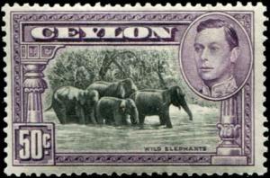 Ceylon SC# 286a  SG# 394c  Wild Elephants 50c Toned Gum  Perf 14 MNH