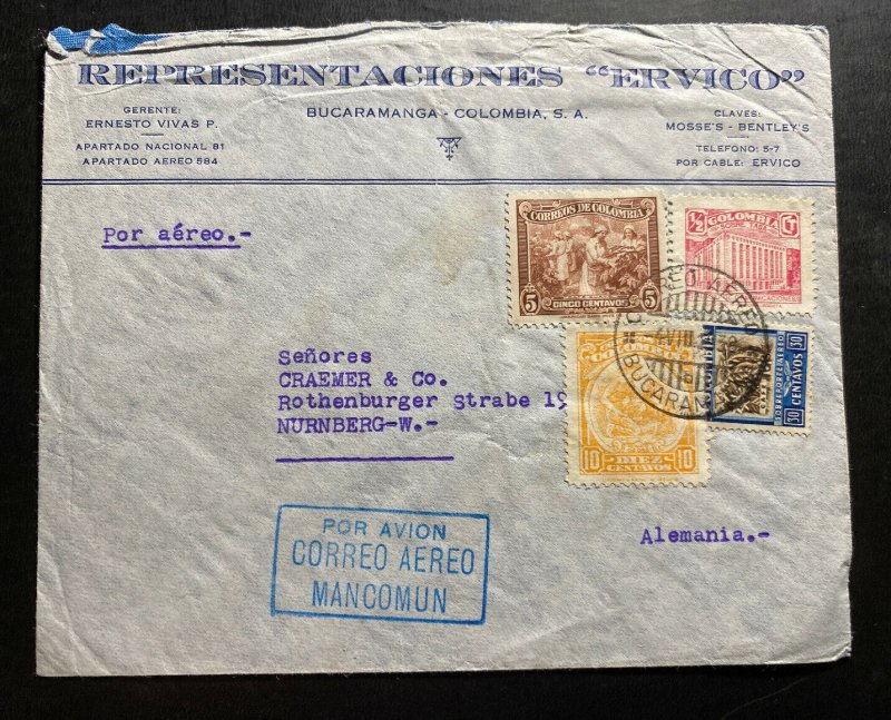 1939 Bucaramanga Colombia Commercial Airmail Cover To Nuremberg Germany