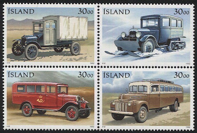 ICELAND 1992  Sc 759a MNH VF Vintage Trucks Block/4, Scv $9.75