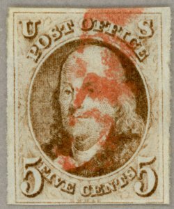 US Scott#1 VF 1847 5c Franklin, numeral 5 red cancel, 4 clear to wide margins