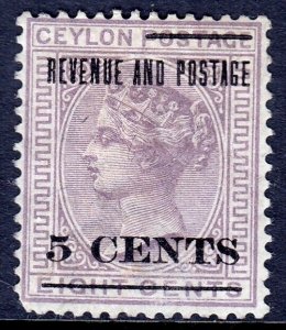 CEYLON — SCOTT 124 (SG 187) — 1885 QV 5c ON 8c CA WMK — MH — SCV $26.00