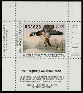 U.S.-WASHINGTON 5, STATE DUCK HUNTING PERMIT BOOKLET PANE OF 1. MINT, NH. VF