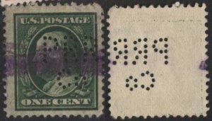 US 374 (or 331?) (used, “PRR&Co” perfin) 1¢ Benjamin Franklin, green (1910)