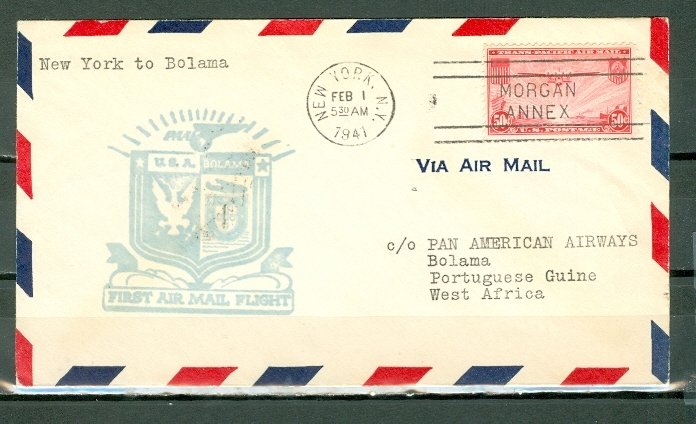 US 1941 #C22 on 1st FLIGHT  COVER NY-PORTUGUESE GUINEA