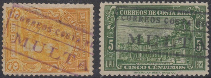 COSTA RICA 1923-26 DUE CANCELS Sc 118 & 121 CORREOS DE COSTA RICA MULTA PTMKS