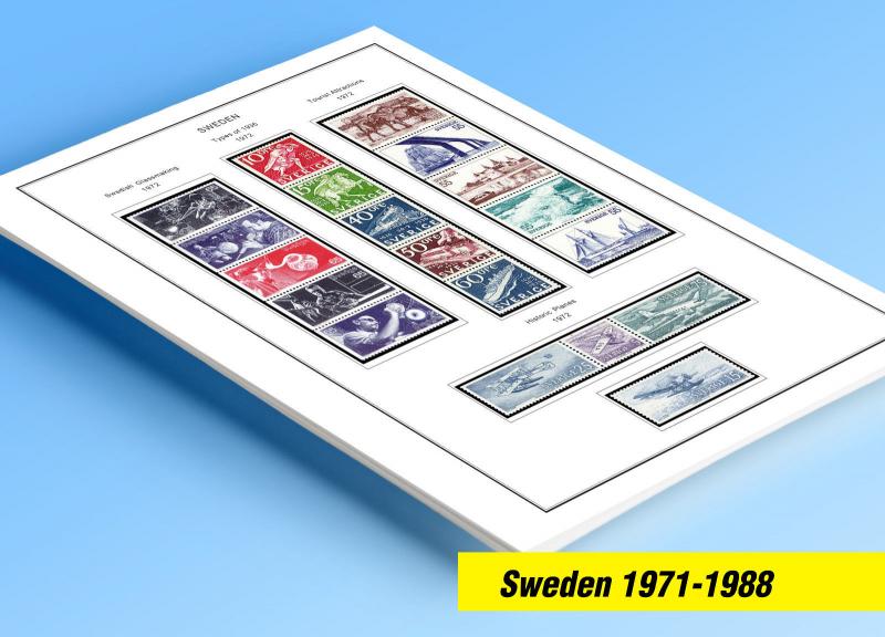 COLOR PRINTED SWEDEN 1971-1988 STAMP ALBUM PAGES (62 illustrated pages)