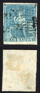 Barbados SG9 1855 1d Pale Blue on White Paper Four Margins Cat 70