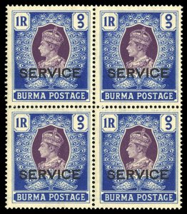 Burma #O24, 1939 Officials, 1r bright ultramarine and dark violet, block of f...