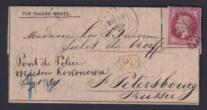 France - 1870 BALLON MONTE Folded Gazette des Absents 2 to RUSSIA, cert