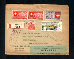 CF43d Switz. Ocean Stamp Co. Duty Free 1939 Reg. Luzern to N.Y.C. Multi stamps