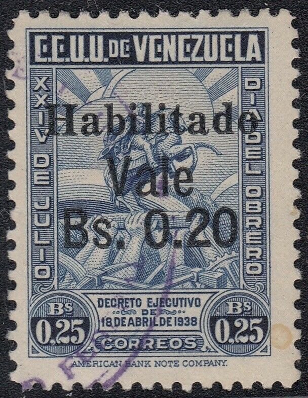 Venezuela 1943 20c on 25c Blue Used. Scott 387, SG 657