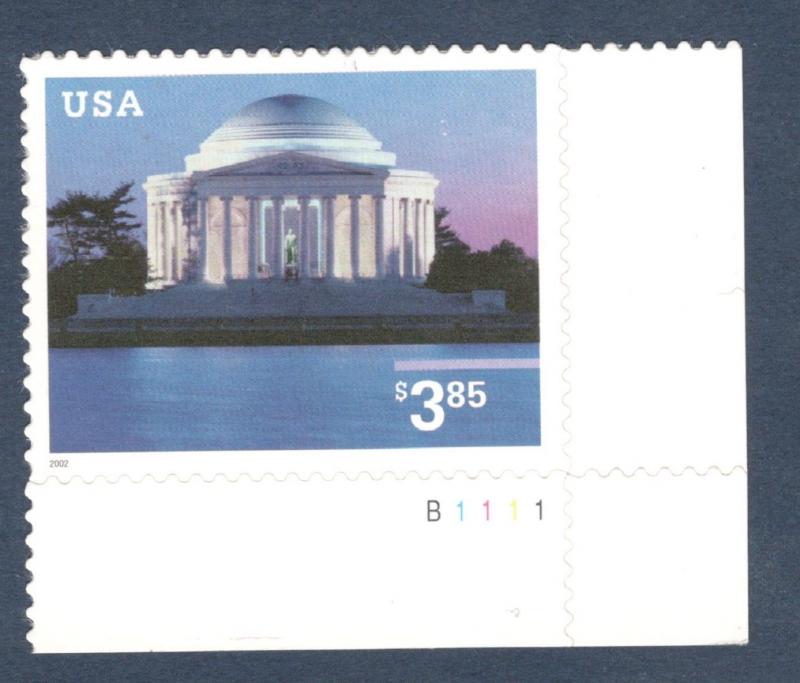 3647 Jefferson Memorial Priority Mail Single W/Plate Number Mint/nh Ships Free