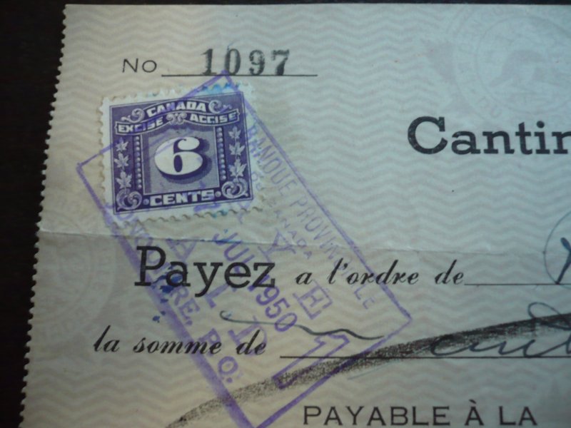 Stamps - Canada - Revenue - Van Dam#FX36,FX64,FX68 - Used on Cheques.