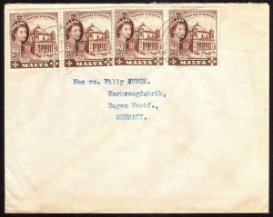 1956, Malta, 4 x Sc 241 on cover, Malta to Germany