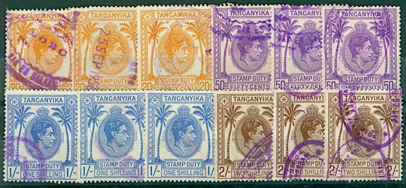 KUT KGVI range of Key Type Stamp Duty revenues 20c 50c 1/- and 2/- (12v) Stamps