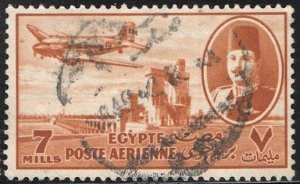 EGYPT  1947 Sc C42 Used 7m Airmail, King Farouk & Airplane