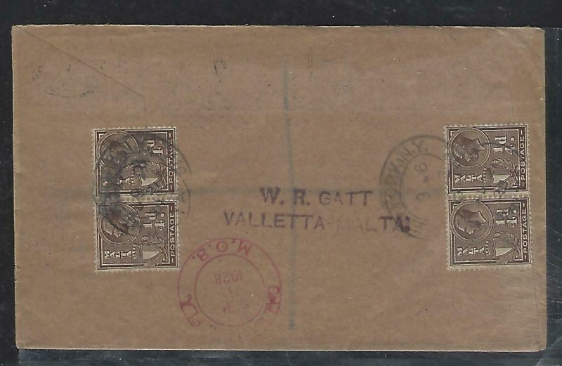 MALTA  (PP2708B) 1928 MELITA 3D+ KGV 1/4DX6 REG TO USA