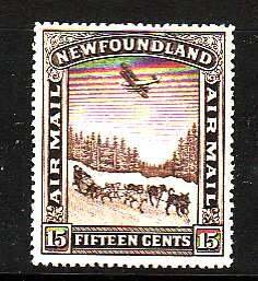 Newfoundland-Sc#C9- id12-unused NH 15c brown Airmail-Planes-Dogs-1931-