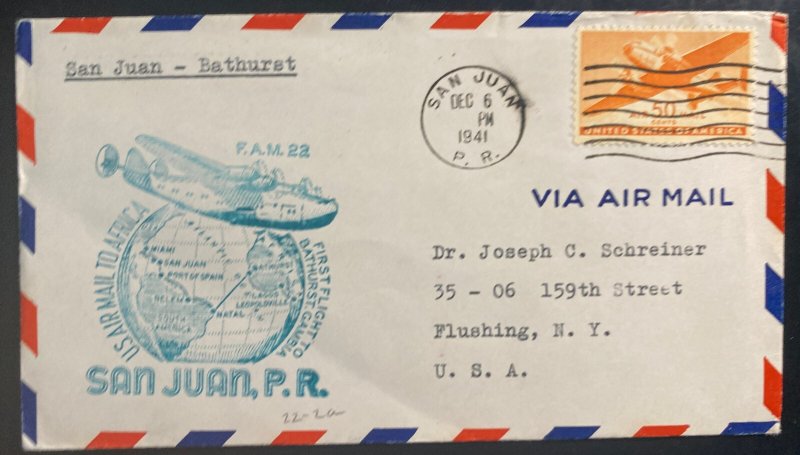 1941 San Juan Puerto Rico USA First Flight Airmail cover FFC To Bathurst Gambia